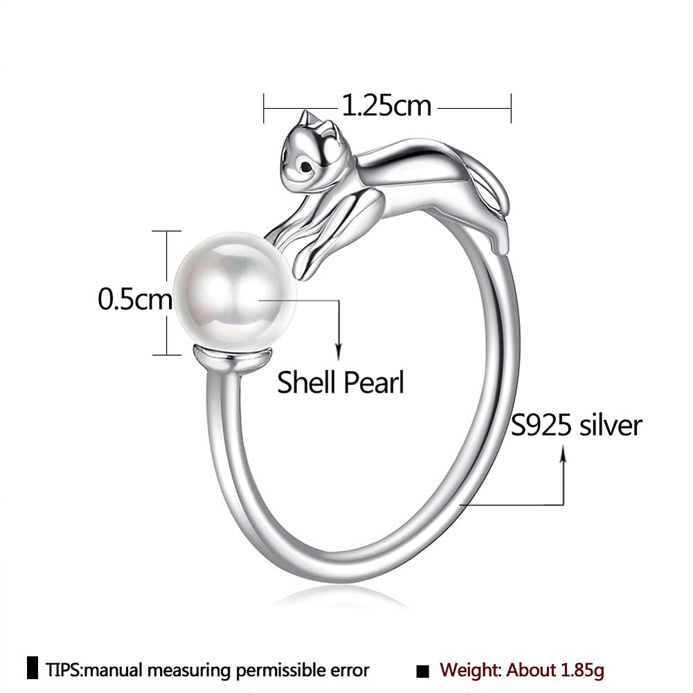 Rockyu レディースリング フリーサイズ 猫とパールのシルバー925指輪