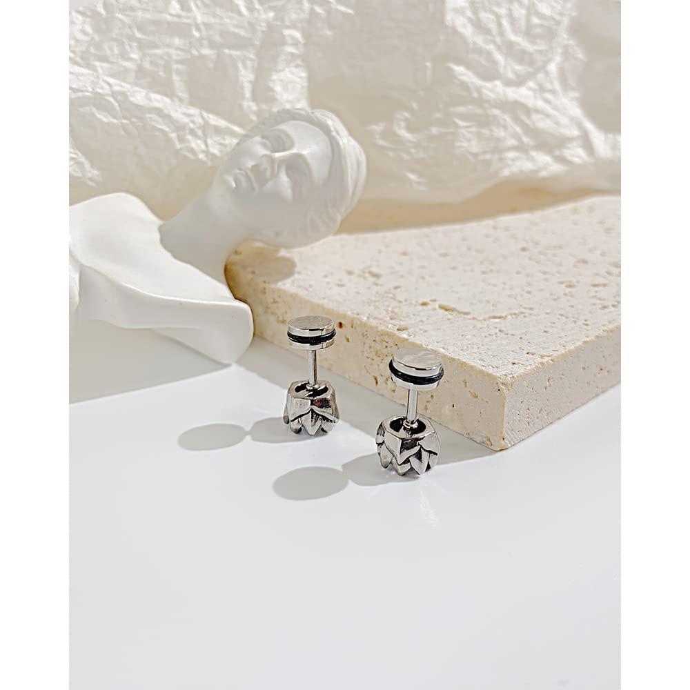 Rockyu スタッドピアス メンズ レディース｜黒白ジルコニア 花モチーフ 金属アレルギー対応