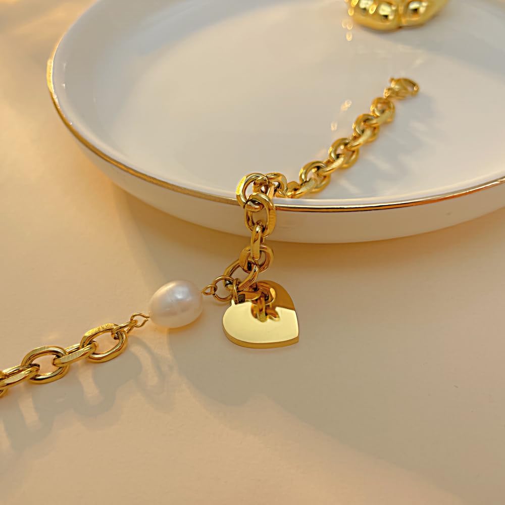 ブレスレット レディース ブランド シルバー ゴールド 真珠 ハートブレスレット パール 心型 ペンダント あずきチェーン 太め 調整可能 ステンレス 金属アレルギー対応 おしゃれ 誕生日 プレゼント アクセサリー