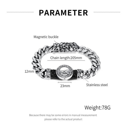 Rockyu メンズ スカルブレスレット シルバー 喜平チェーン 磁気留め具