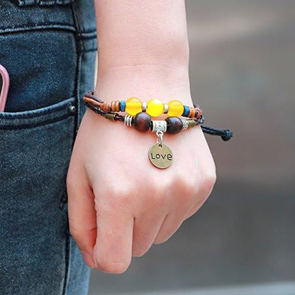 Rockyu ブレスレット メンズ レディース レザー ビーズ LOVEチャーム 多連 アジアン風 ブラウン 黄色ビーズ 編み込み 調整可能 アクセサリー ギフト