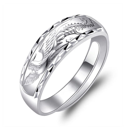 Rockyu 龍鳳彫りリング フリーサイズ 純銀製 シルバー990 メンズ レディース兼用 結婚指輪 伝統