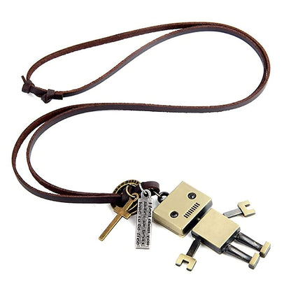 Rockyu ネックレス メンズ レディース ロボットモチーフ レザー 紐ネックレス 合金 ユニセックス