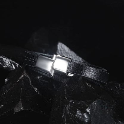 Rockyu メンズ三層レザーブレスレット ブラック ステンレス 編込みチェーン バングル