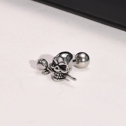 Rockyu スカルピアス メンズ 髑髏×薔薇モチーフ チタン製 金属アレルギー対応 シルバーアクセサリー