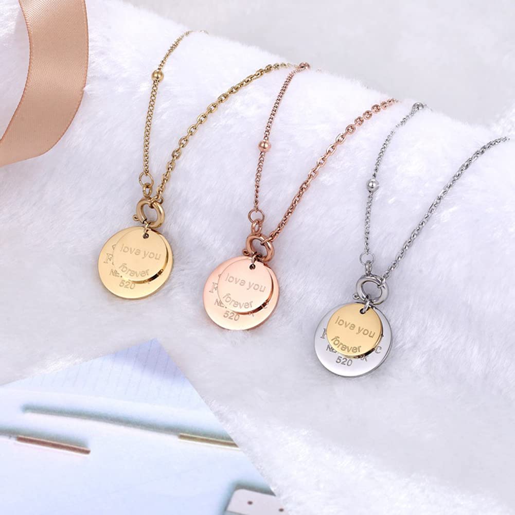 Rockyu レディース ネックレス 2連コインペンダント ピンクゴールド 刻印入り アレルギー対応 かわいい鎖骨チェーン