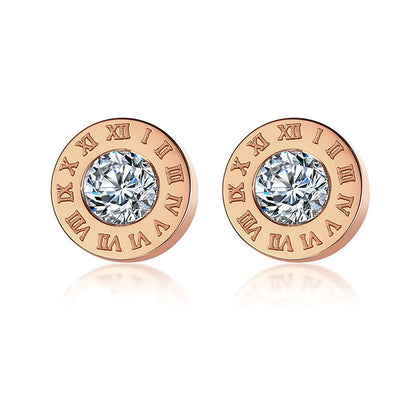 Rockyu レディースピアス ステンレス製 一粒ダイヤ＆ローマ数字刻印 スタッドタイプ