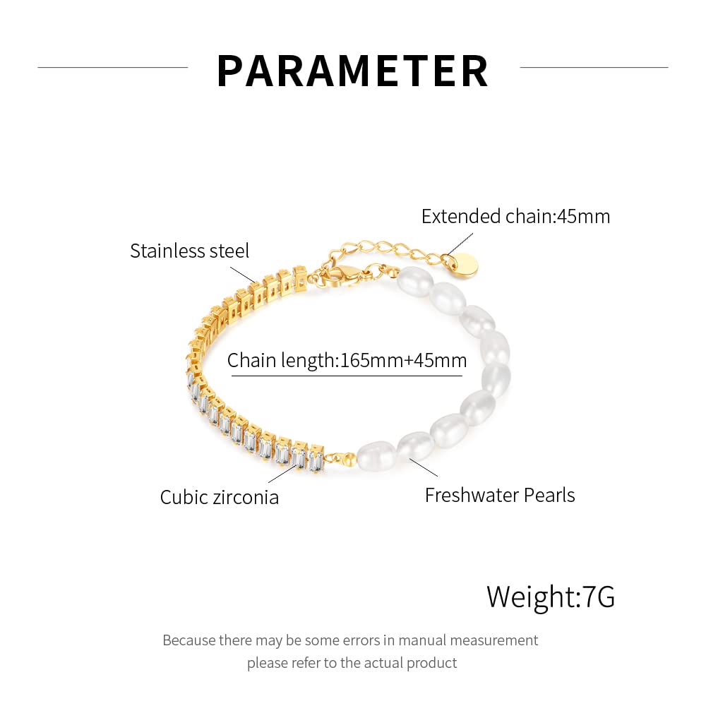 Rockyu ブレスレット レディース パール＆ジルコニア 非対称 ステンレス スチール