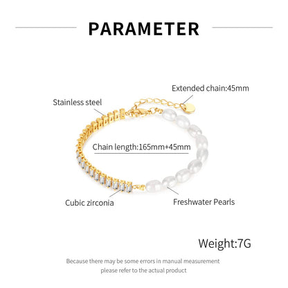 Rockyu ブレスレット レディース パール＆ジルコニア 非対称 ステンレス スチール