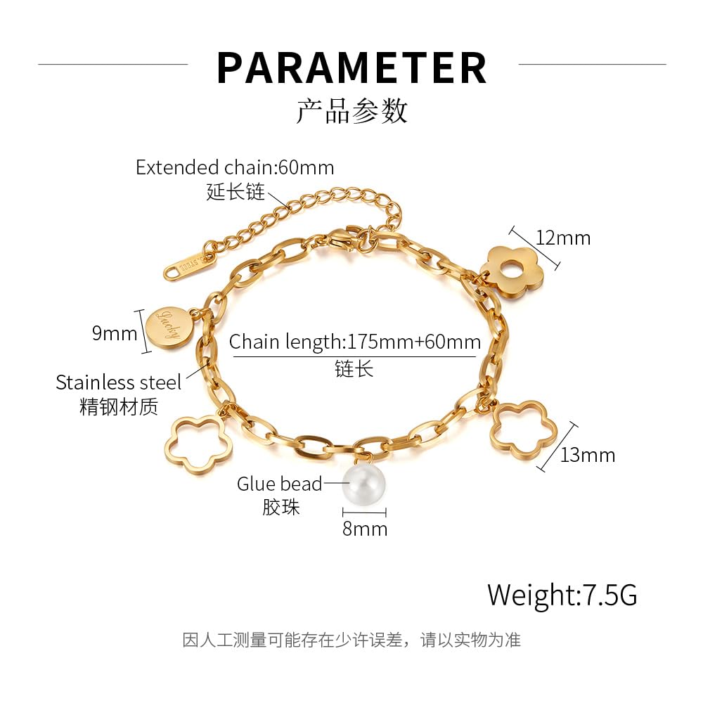 ブレスレット レディース ステンレス製 花モチーフ 18Kゴールド仕上げ パールチャーム付き