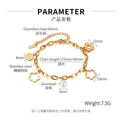 ブレスレット レディース ステンレス製 花モチーフ 18Kゴールド仕上げ パールチャーム付き