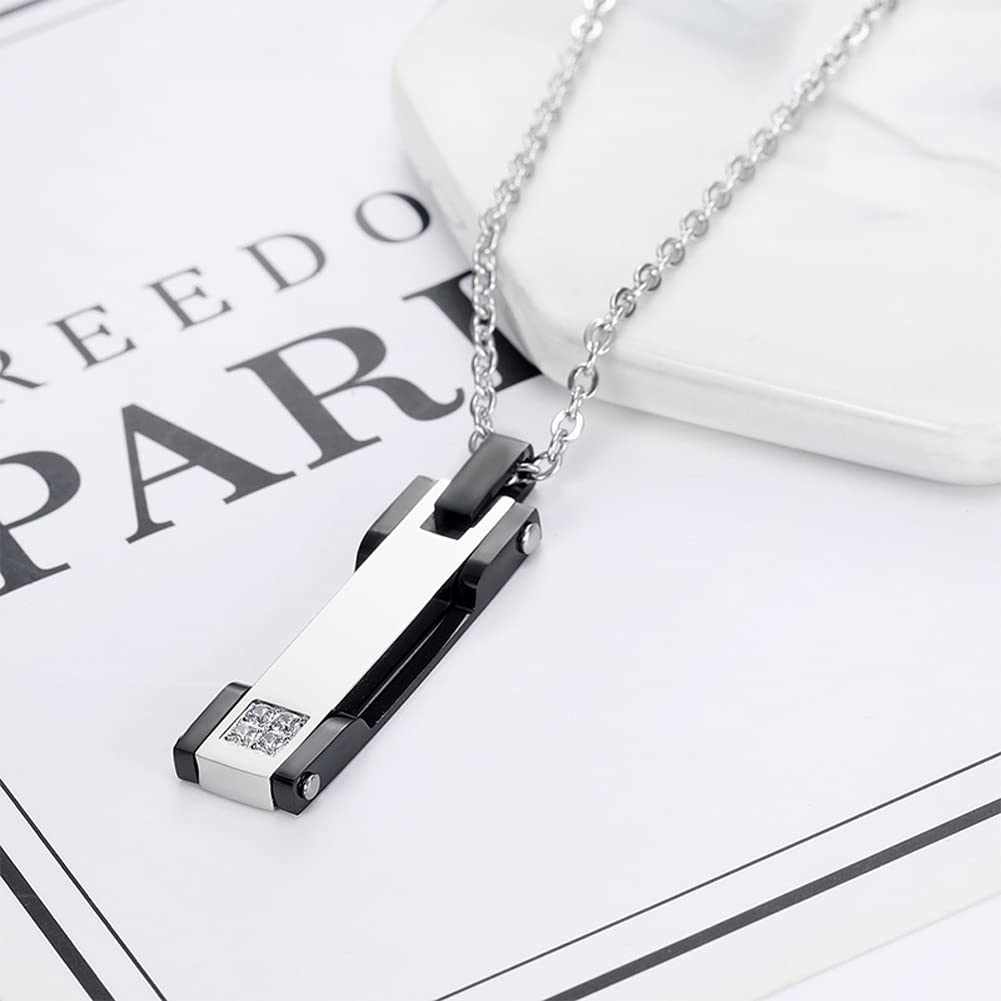 Rockyu ペアネックレス ステンレス メンズ レディース シルバー ジルコニア スティックペンダント