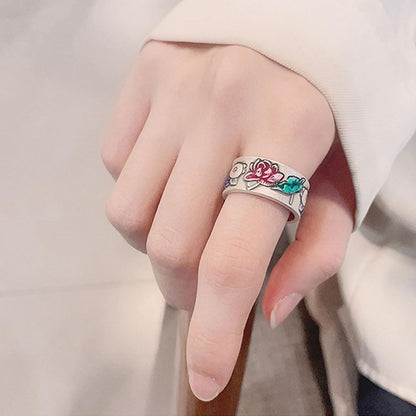 Rockyu 指輪 レディース フリーサイズ シルバー925 蓮花＆鯉モチーフ リング 金属アレルギー対応 おしゃれ プレゼント