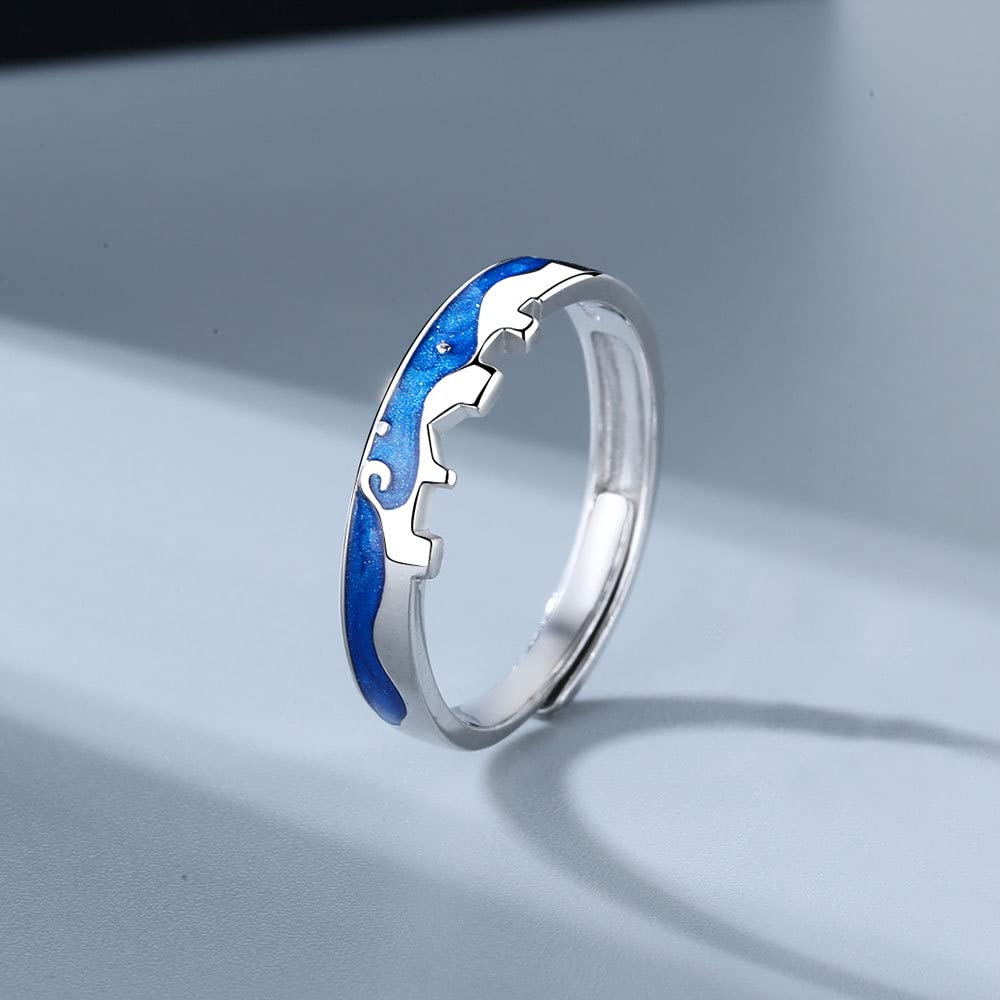 Rockyu ペアリング シルバー925 フリーサイズ 青波デザイン カップル指輪
