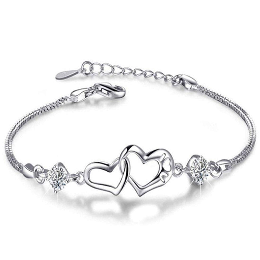 Rockyu ダブルハートブレスレット レディース – ジルコニア×シルバー925（3色ストーン）