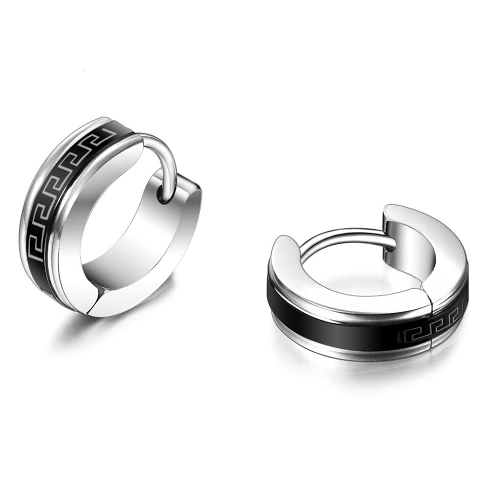 Rockyu メンズフープピアス – ステンレス製 ローマ数字＆ギリシャ風刻印 両耳セット