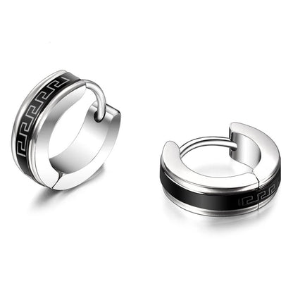 Rockyu メンズフープピアス – ステンレス製 ローマ数字＆ギリシャ風刻印 両耳セット