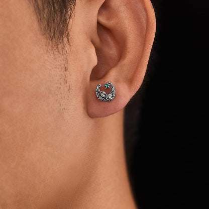 Rockyu ピアス メンズ ステンレス 片耳 三日月モチーフ 花彫刻 キュービックジルコニア アレルギー対応