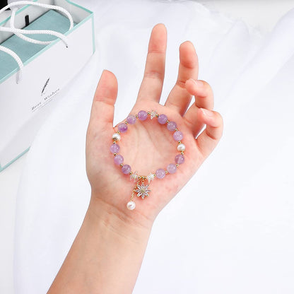 Rockyu ブレスレット レディース 天然石 紫水晶 パール クリスタル フラワーペンダント