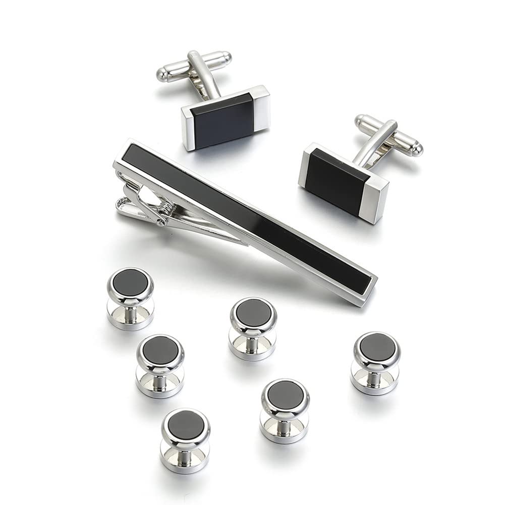 Rockyu ネクタイピン カフス シャツスタッズセット メンズ 黒 長方形 ステンレス ビジネス