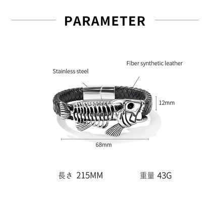 Rockyu メンズブレスレット 魚骨デザイン レザー×ステンレス ブラックアクセサリー