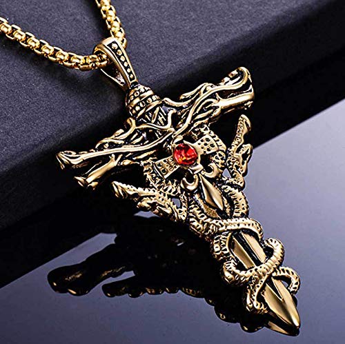 Rockyu 双竜クロスペンダント メンズネックレス｜ルビー装飾＆18Kメッキ仕様