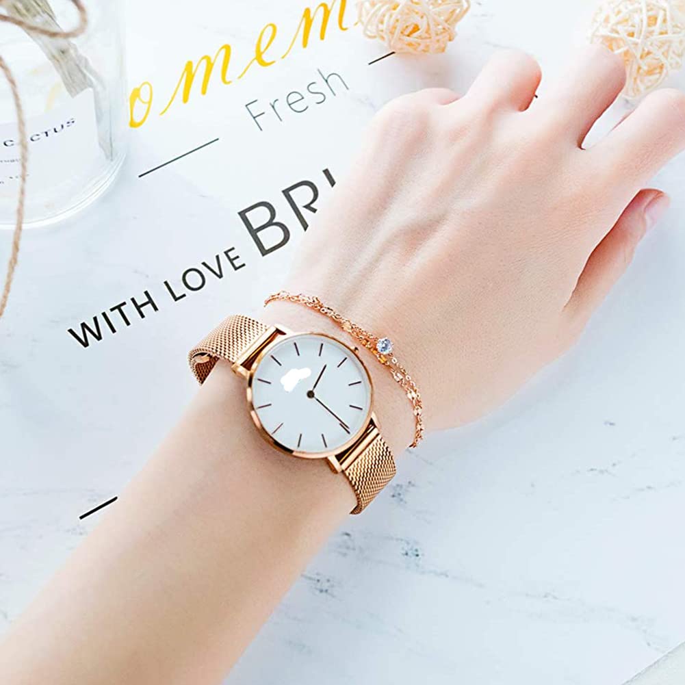 Rockyu ブレスレット レディース ピンクゴールド 2連チェーン ジルコニア付き 細身ジュエリー アレルギー対応