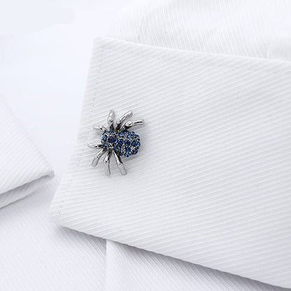 Rockyu カフスボタン メンズ 蜘蛛デザイン シルバー×ブルー サファイア風クリスタル ステンレス製