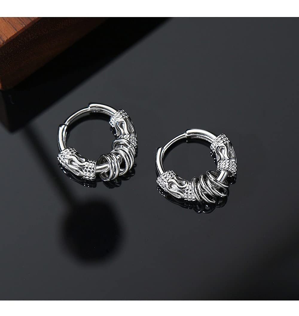 Rockyu 龍紋フープピアス メンズ 両耳用 サージカルステンレス 小さめ シンプルデザイン