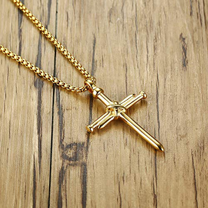 Rockyu ネックレス メンズ クロス 釘デザイン ステンレス製 金属アレルギー対応