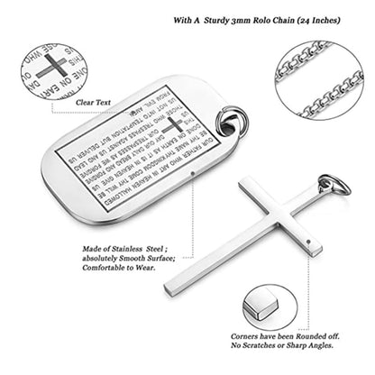 Rockyu メンズネックレス クロス十字架＆聖書モチーフ ドッグタグペンダント ステンレス製 ゴールド ブラック シルバー お守り アクセサリー