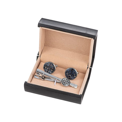 Rockyu メンズ シルバー タイピン＆カフスセット（馬・市松模様）