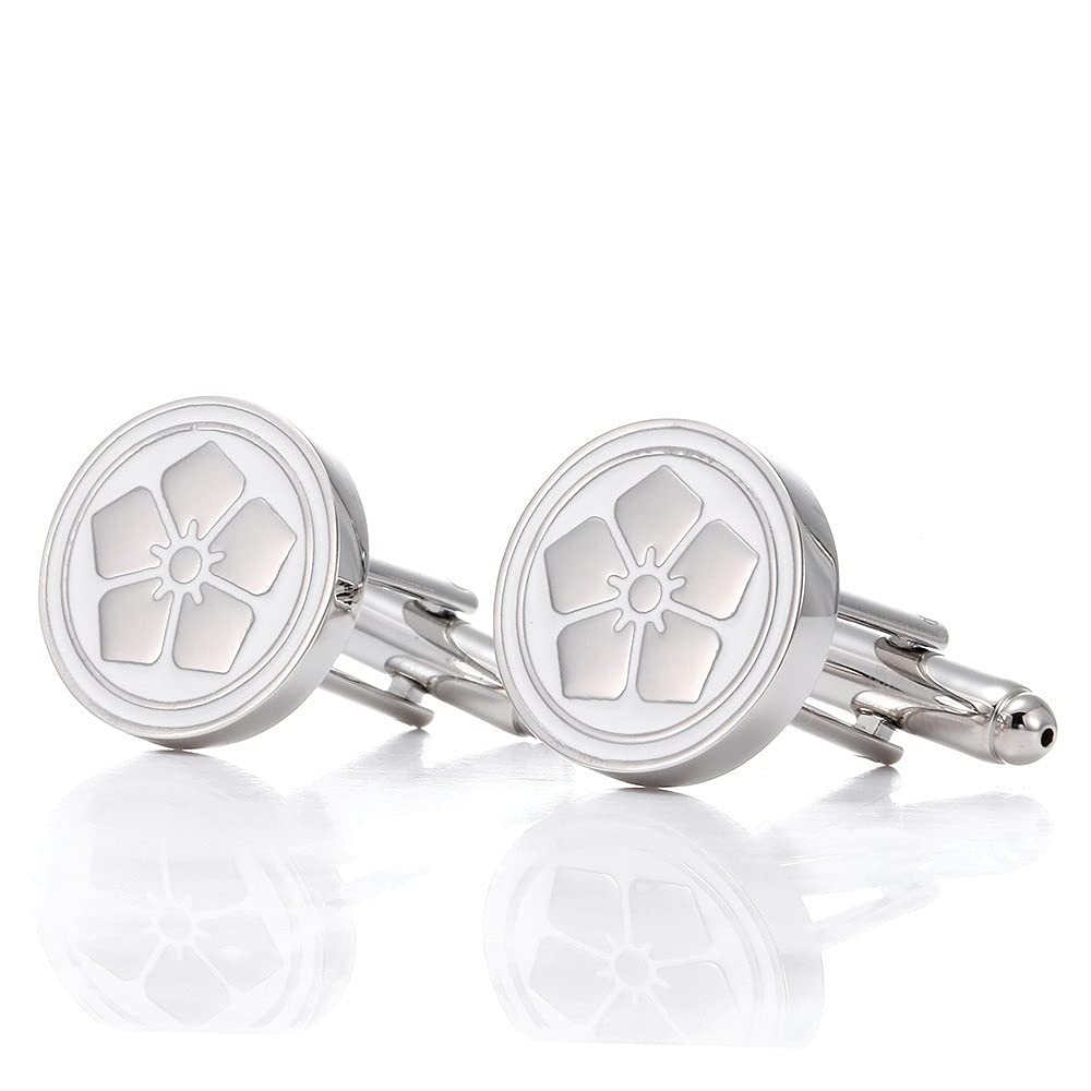 Rockyu 桜花カフス メンズ シルバー ラウンドカフス 鏡面仕上げ フラワーモチーフ