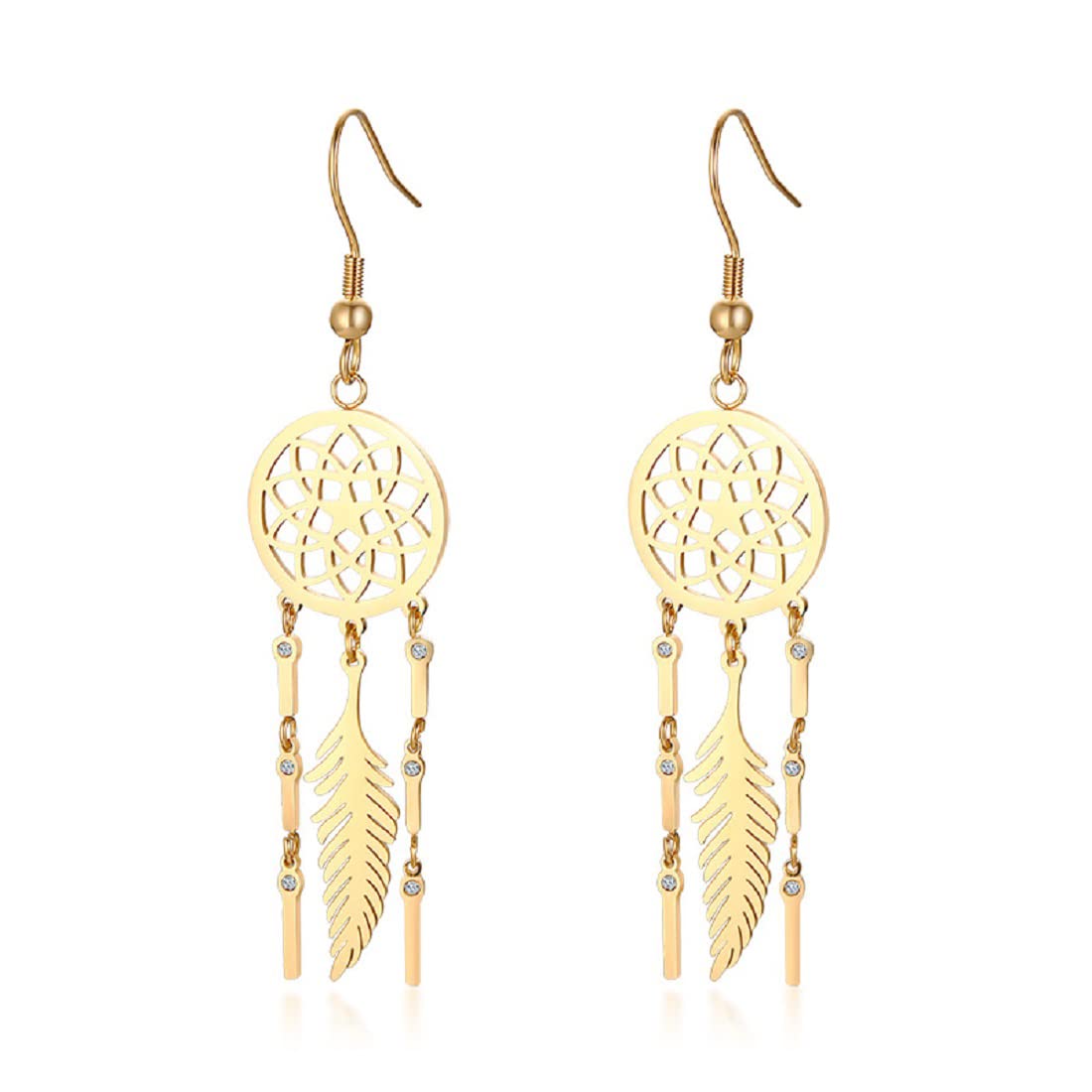 Rockyu ピアス レディース ドリームキャッチャー風 ゴールドフェザー チェーンピアス 金属アレルギー対応