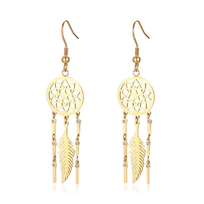 Rockyu ピアス レディース ドリームキャッチャー風 ゴールドフェザー チェーンピアス 金属アレルギー対応