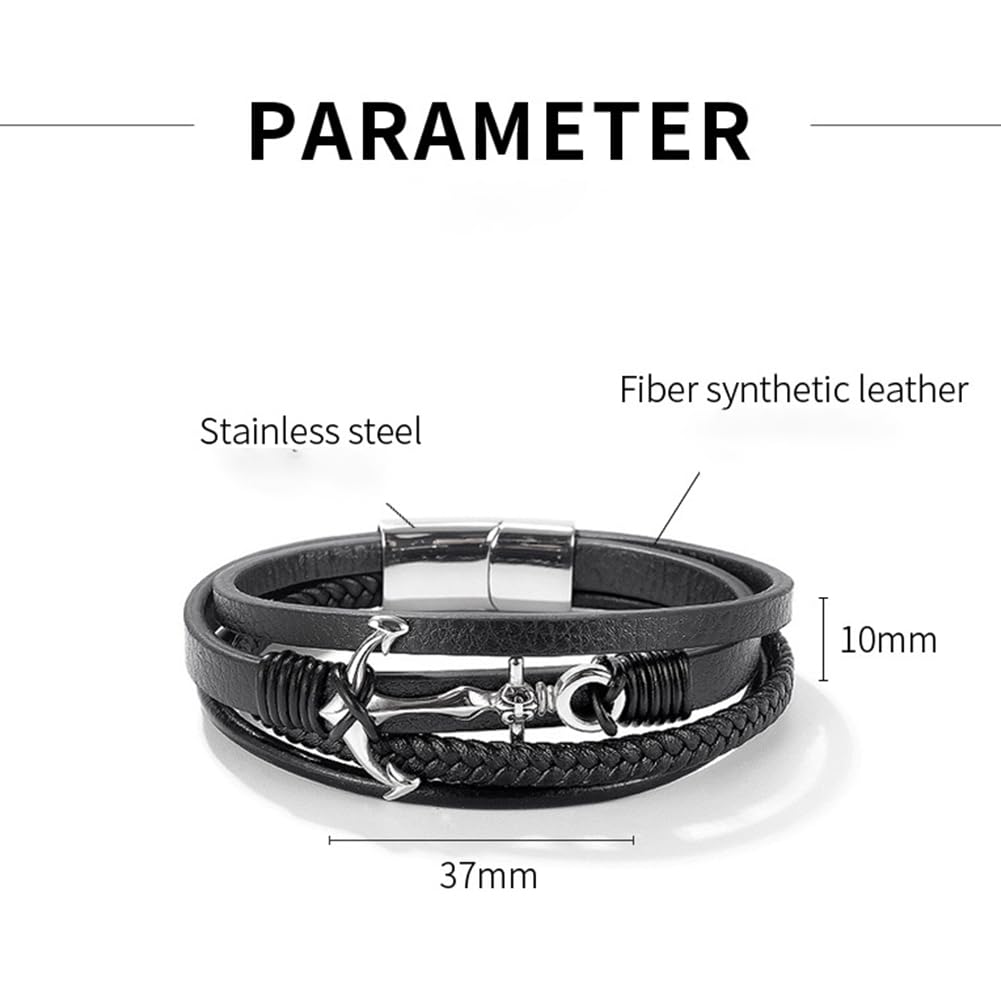 Rockyu メンズ ブレスレット レザー ブラック アンカー 錨 三連チェーン ステンレス製 アクセサリー