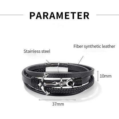 Rockyu メンズ ブレスレット レザー ブラック アンカー 錨 三連チェーン ステンレス製 アクセサリー