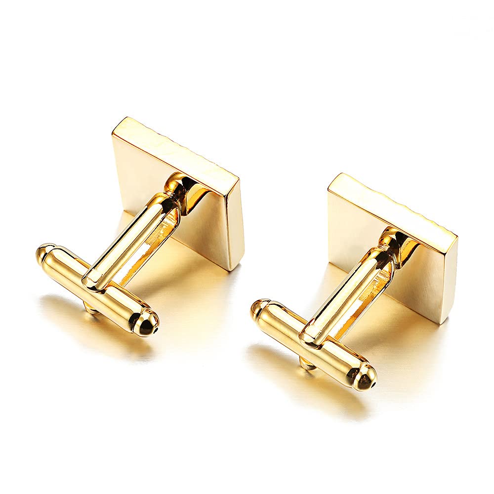 Rockyu メンズカフス 正方形デザインカフリンクス ブラック ゴールド ステンレス