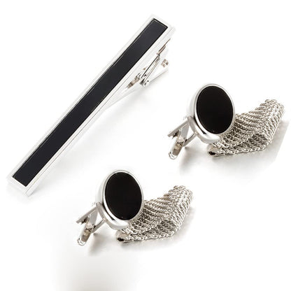 Rockyu ネクタイピン カフスセット メンズ 黒 楕円 ステンレス ビジネス