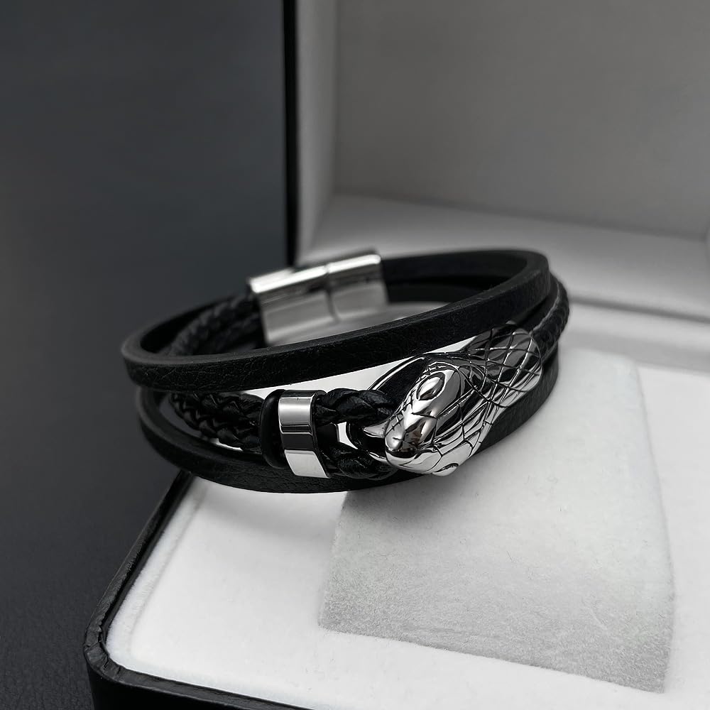Rockyu メンズ レザーブレスレット スネークヘッドデザイン PU革 三連 ブラック
