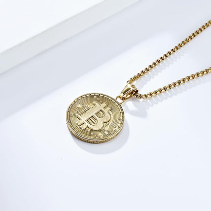 Rockyu メンズネックレス ステンレス かっこいい Bitcoinデジタル コインペンダント 18金メッキ お金ビット 記念ネックレス おしゃれ 男女兼用 ヒップホップ風 アクセサリー