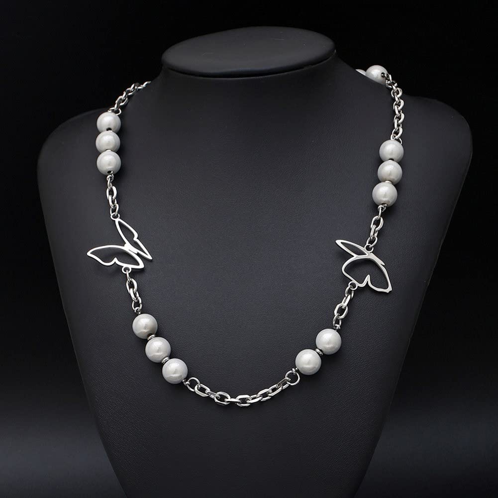 Rockyu ネックレス レディース 蝶々 パール シルバー チェーン 長さ50cm+5cm チタン 金属アレルギー対応 可愛い ブリンブリン アクセサリー