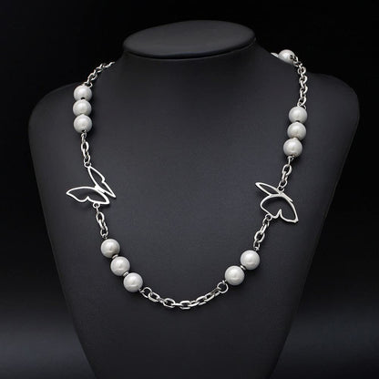 Rockyu ネックレス レディース 蝶々 パール シルバー チェーン 長さ50cm+5cm チタン 金属アレルギー対応 可愛い ブリンブリン アクセサリー