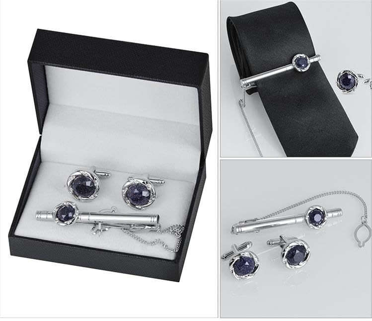 Rockyu カフスボタン＆タイピンセット メンズ ブルーサンドストーン 17mm ラウンド ステンレス製 ビジネス フォーマル ギフト