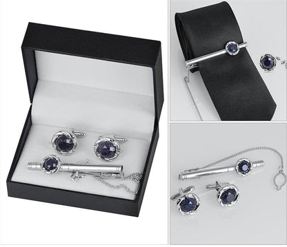 Rockyu カフスボタン＆タイピンセット メンズ ブルーサンドストーン 17mm ラウンド ステンレス製 ビジネス フォーマル ギフト