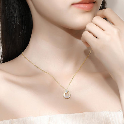 Rockyu ネックレス レディース 月と星 CZ 白蝶貝 ゴールド ステンレス ペンダント