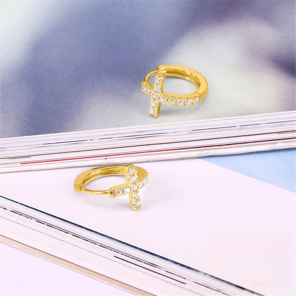 Rockyu レディースピアス シルバー925 クロスデザイン ジルコニア フープリング 金属アレルギー対応 ゴールド シルバー