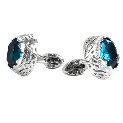 Rockyu メンズ ラウンドカフス グリーン＆ブルージルコニア ステンレス アンティーク調デザイン