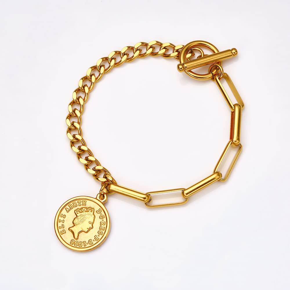 Rockyu ブレスレット レディース ピンクゴールド 18k 女王 エリザベス コインブレスレット おしゃれ ペンダント 十字架風チェーン 誕生日 パーティー プレゼント アクセサリー (ピンクゴールド)