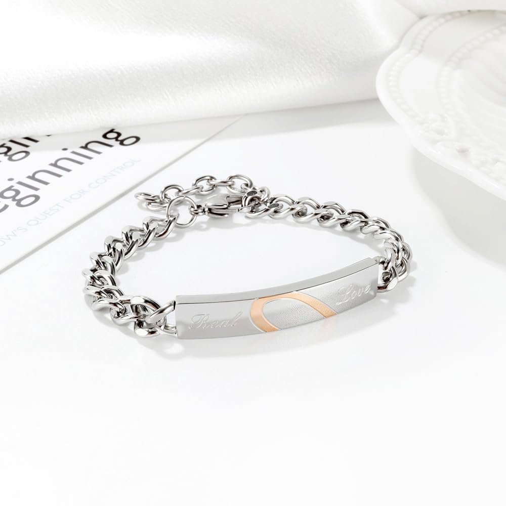 ペアブレスレット カップル お揃い メンズ レディース ステンレス製 金属アレルギー対応 Real Love 刻印 シルバー ブラック＆ピンク